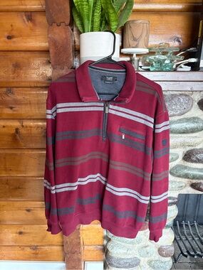 Bugatti European Brand Quarter Zip Knit Sweater XL Burgundy Striped Old Money